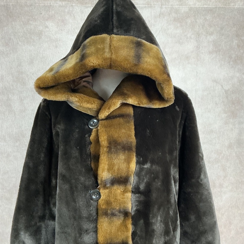 Dennis Basso Reversible Hooded Faux Fur & Nylon Trench Coat Women's Size L - Picture 2 of 7